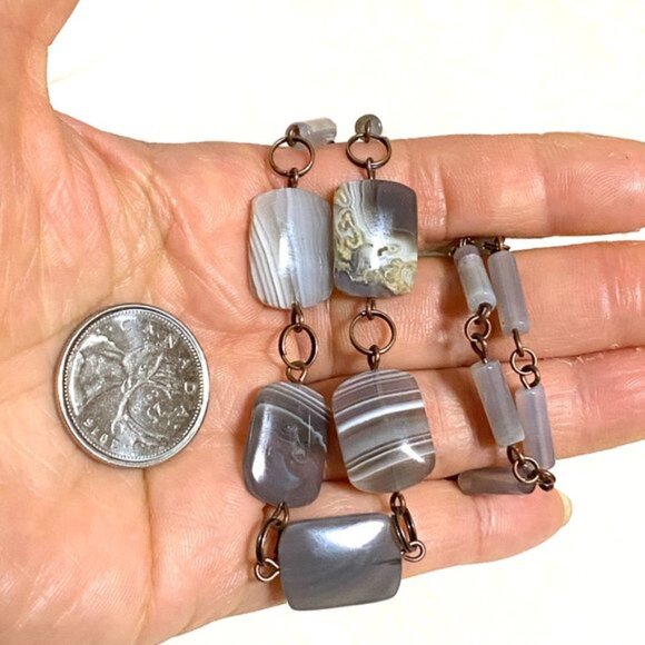 Geometric Banded Agate Necklace, Rustic Genuine Gemstone Copper Link Necklace - Picture 11 of 11